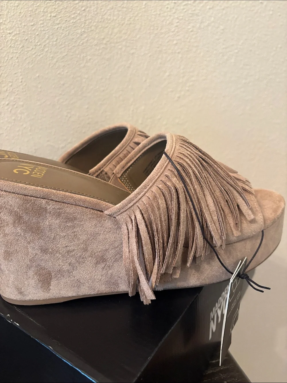 Madden NYC Women's Tan Suede Fringe Boho Platform Wedge Sandals - Size 10